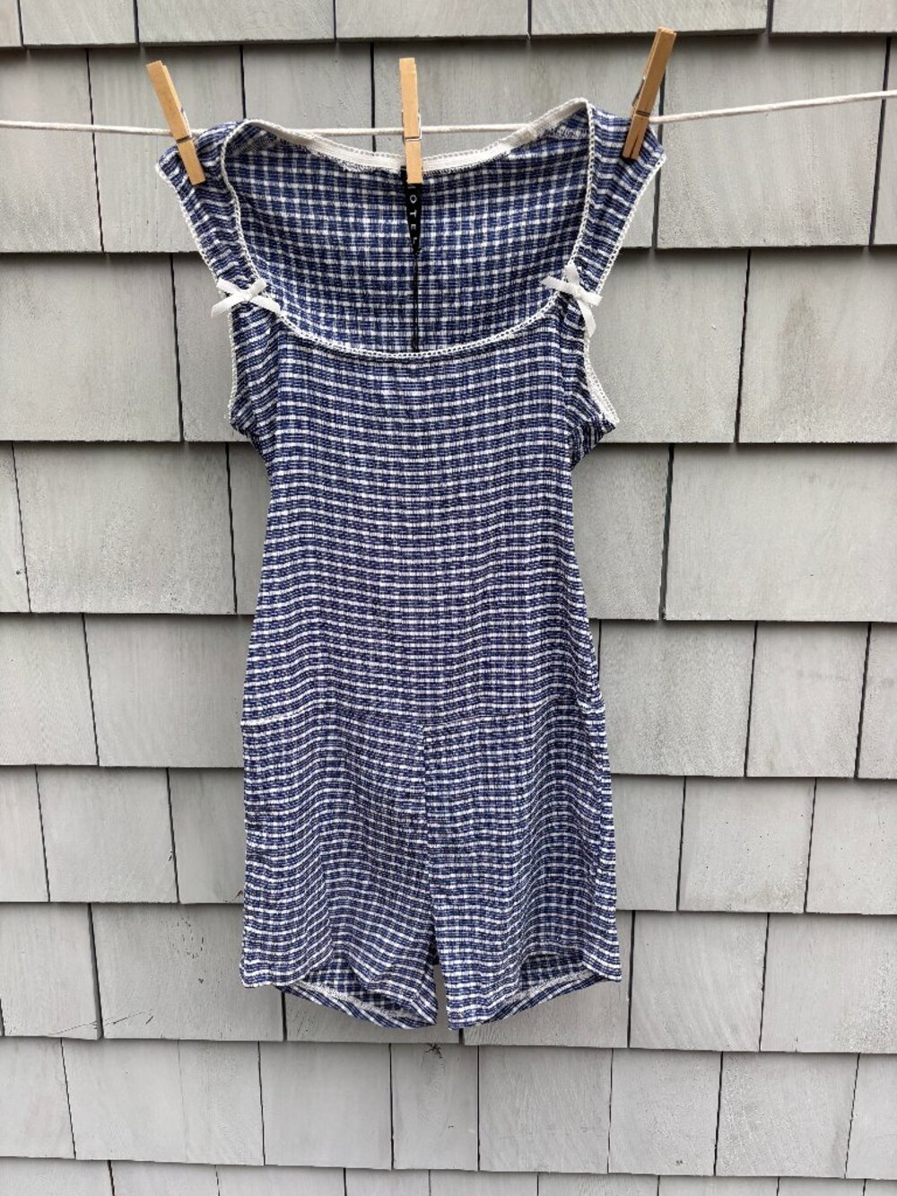 Motel Jilia Crinkle Gingham Playsuit with Bow | Deep Blue | Size Small | New wit